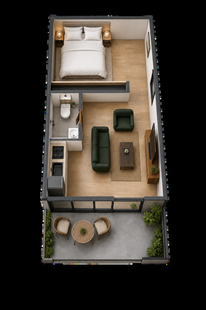 S222 floor plan — 1 bedroom 3D view